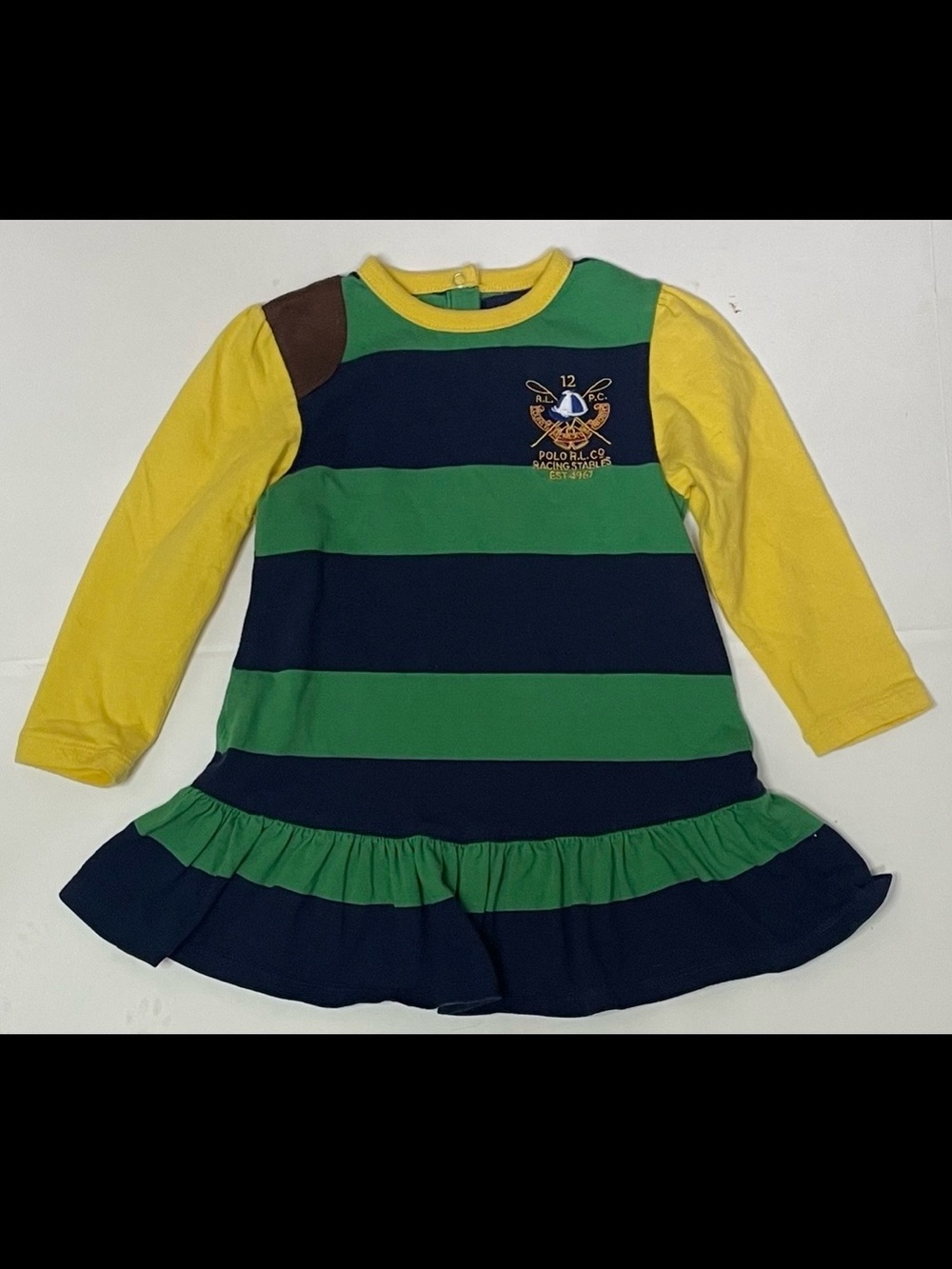 Ralph Lauren Navy, Green & Yellow Striped Crest Rugby Dress 24 months